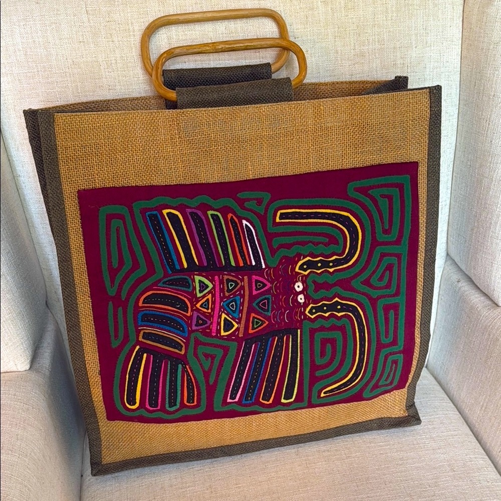 Colorful Embroidered Appliqué Burlap Tote Bag with Wooden Handles